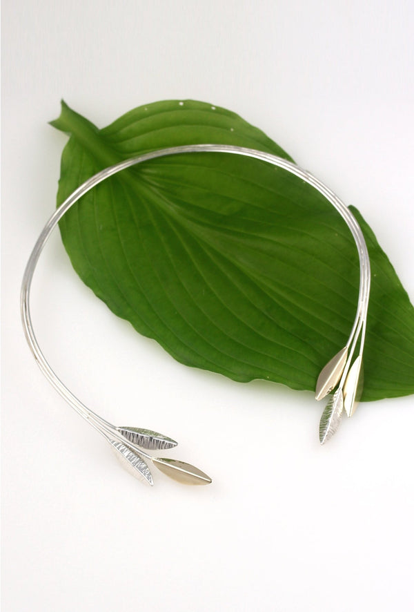 Classic Leaf Silver and 9ct Yellow Gold Torque - KFDJewelleryCL03S