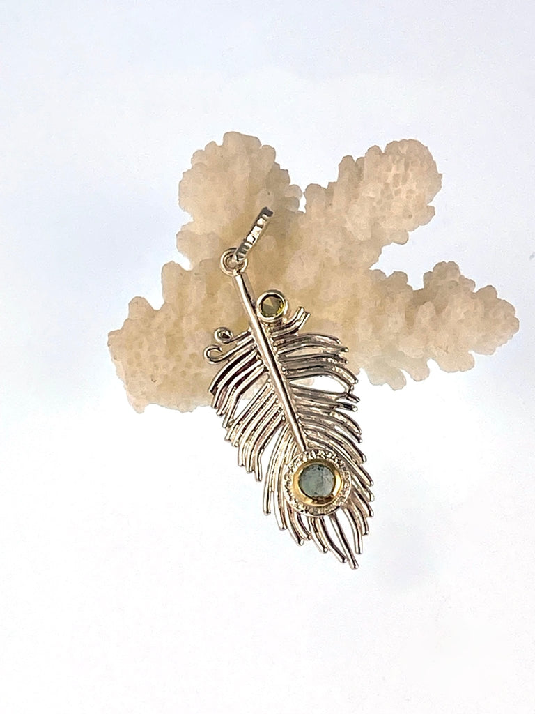 Peacock Feather Pendant in sterling silver & 18ct gold - KFDJewelleryPF02