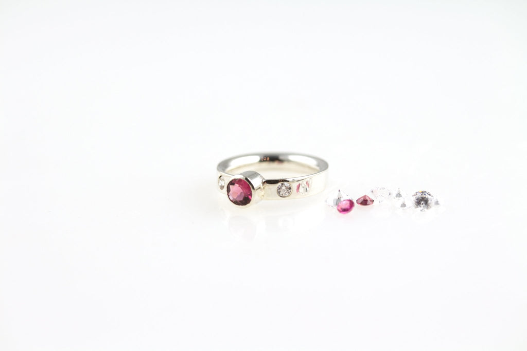 Pink tourmaline and zirconia sterling silver ring - KFDJewelleryCT3