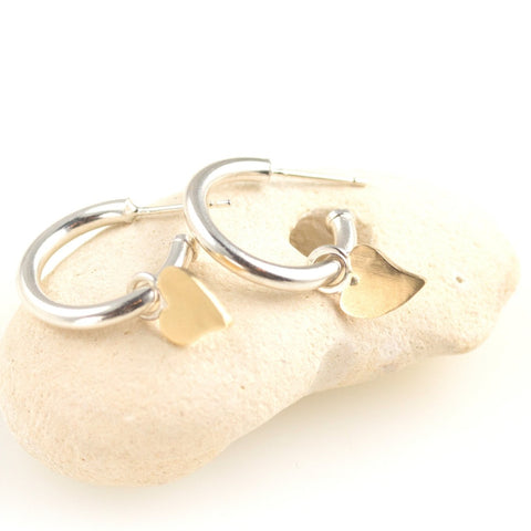 Silver hoops with 9ct gold hearts - KFDJewellery