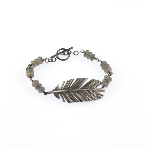 Sterling silver oxidised feather bracelet with labradorite stones - KFDJewelleryF21