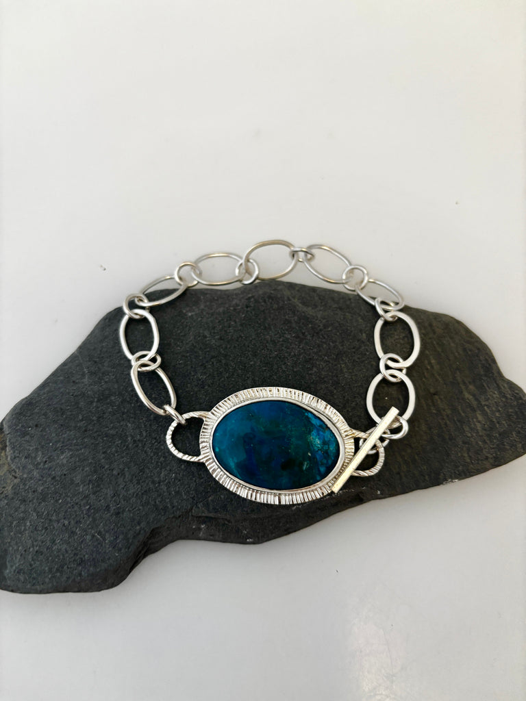 Peruvian Opal sterling silver bracelet with handmade silver links and T bar clasp
