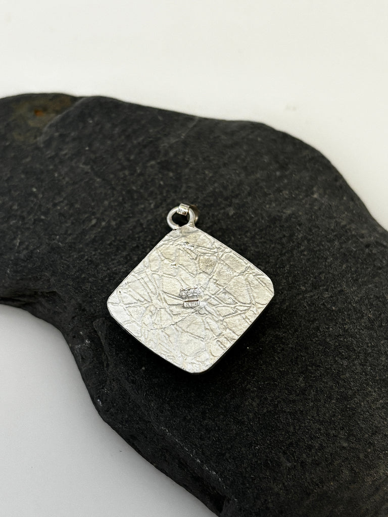 ck of square Peruvian Opal silver pendant with water inspired hand textured finish
