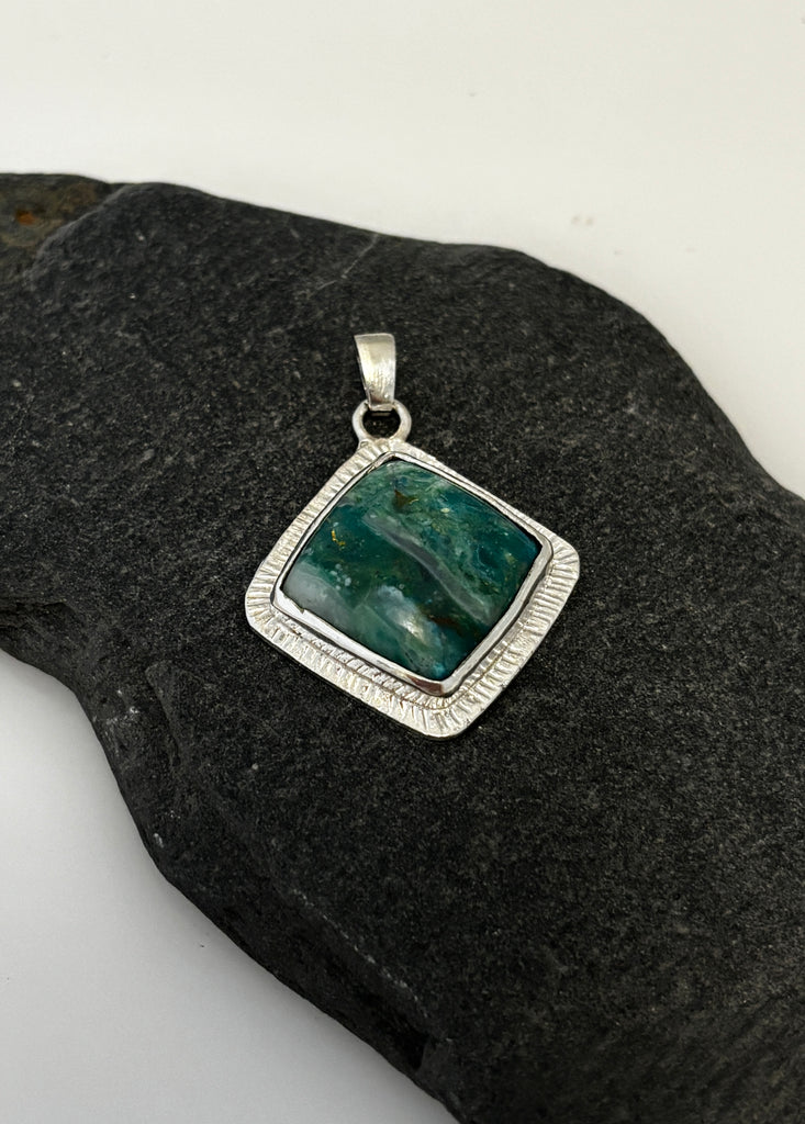 Square sea green Peruvian Opal sterling silver pendant with radiating textured border