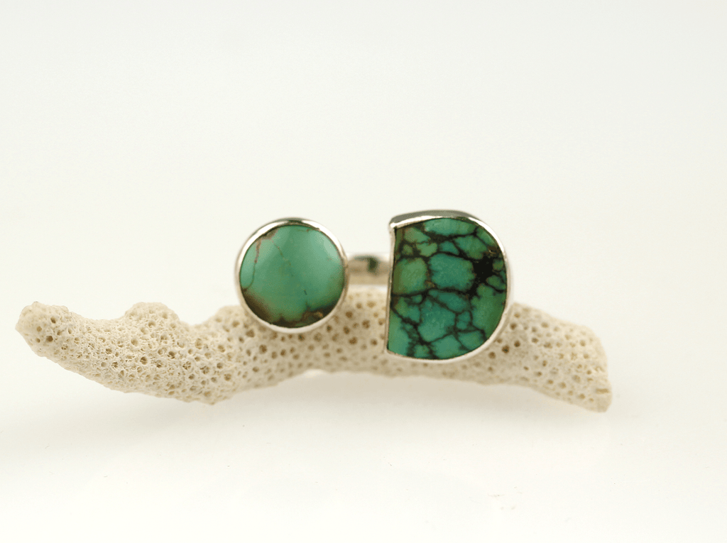 A striking open C - shaped design that celebrates the beauty of natural turquoise in two unique forms. - KFDJewellery