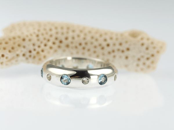 Blue and White Topaz Sterling Silver D Band Ring - KFDJewellery