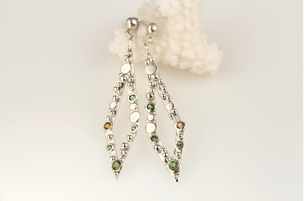 Green tourmaline & sterling silver long drop earrings - KFDJewellery