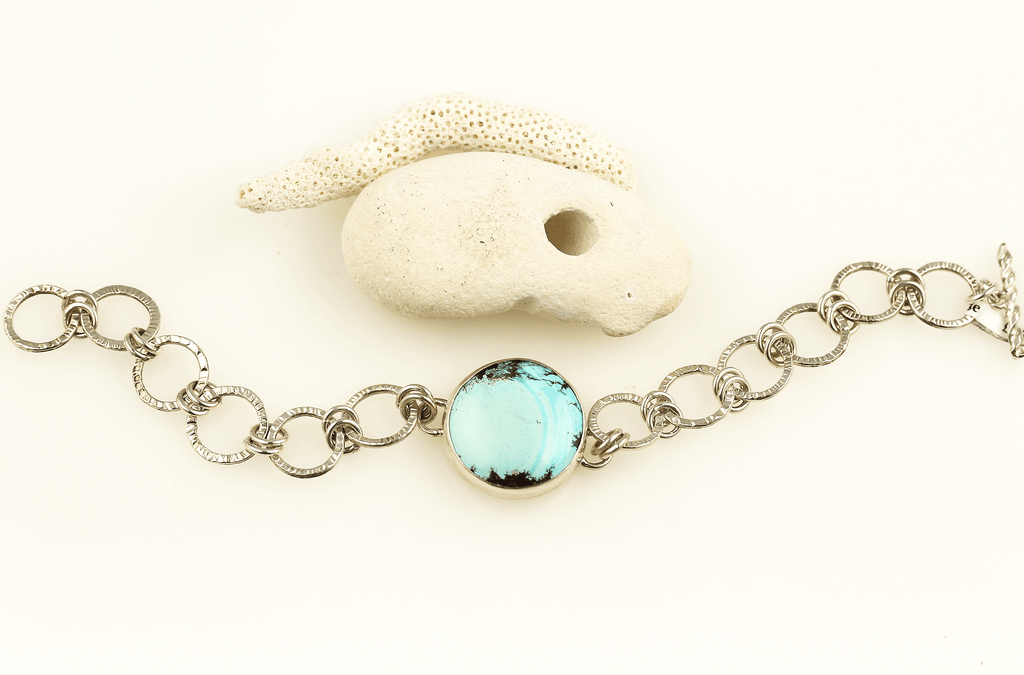 Natural Turquoise and Sterling Silver Textured Link Bracelet - KFDJewellery