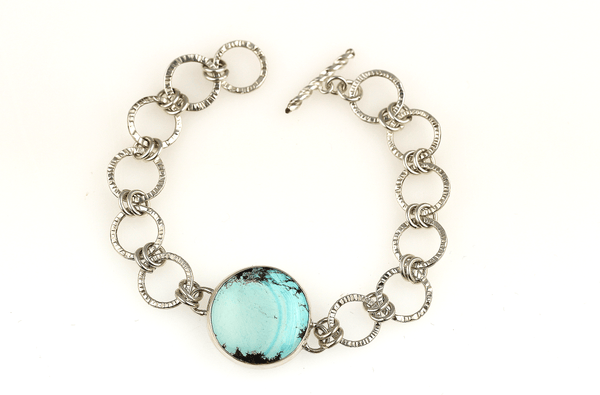 Natural Turquoise and Sterling Silver Textured Link Bracelet - KFDJewellery