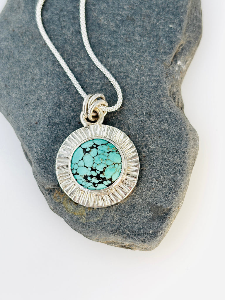 Natural Turquoise Sterling Silver Pendant Necklace | Handmade Round Turquoise Pendant - KFDJewellery