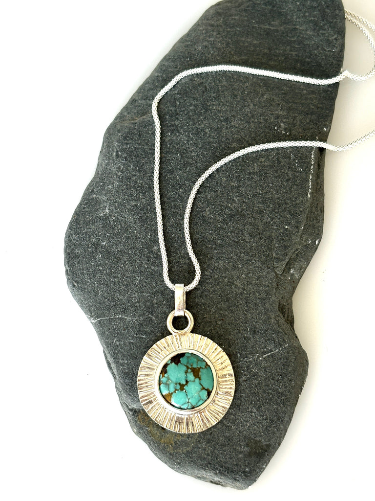 Natural Turquoise Sterling Silver Pendant Necklace | Handmade Round Turquoise Pendant - KFDJewellery