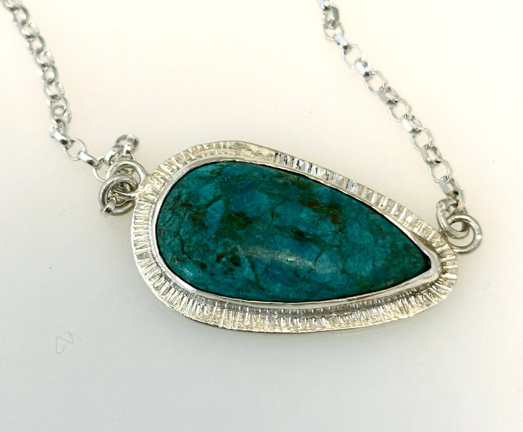One of a kind Peruvian Opal and Citrine silver necklace with hand textured details. Handmade with a fixed 17 inch sterling silver chain. - KFDJewellery