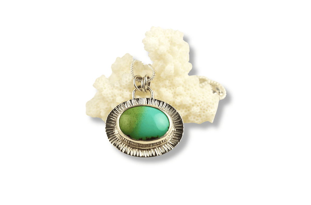 Sea green and blue natural turquoise and sterling silver pendant. - KFDJewellery