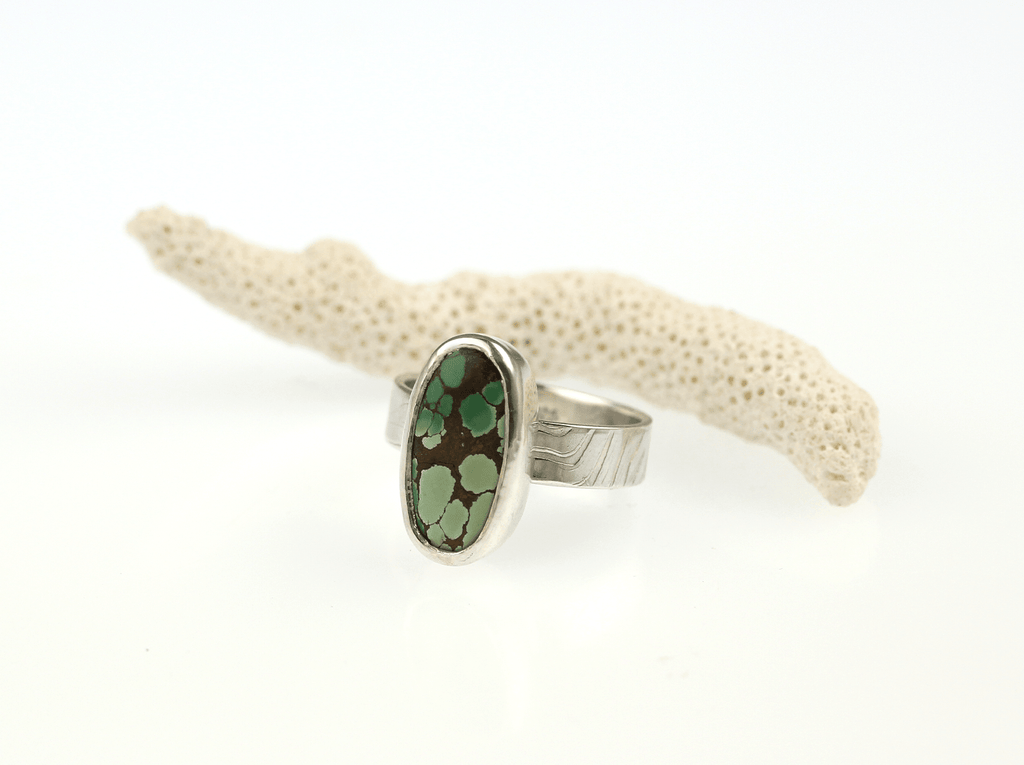 Small Oval Natural Turquoise Ring – Sand Wave Textured Band - KFDJewellery