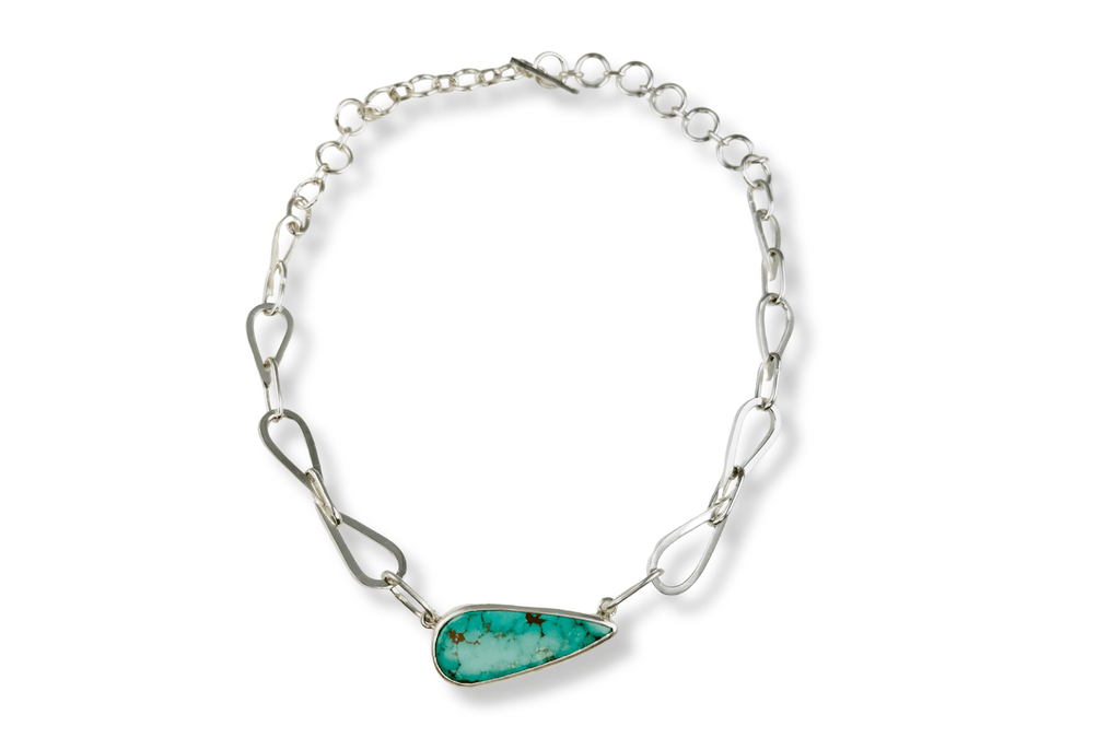 Teardrop Natural Turquoise Necklace with Handmade chain Links - KFDJewellery