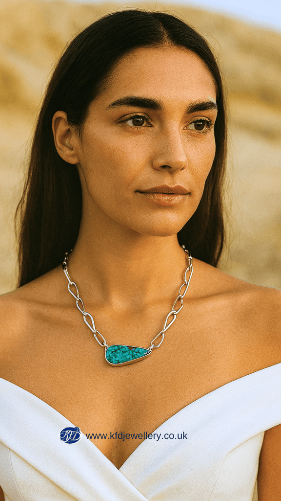 Teardrop Natural Turquoise Necklace with Handmade chain Links - KFDJewellery