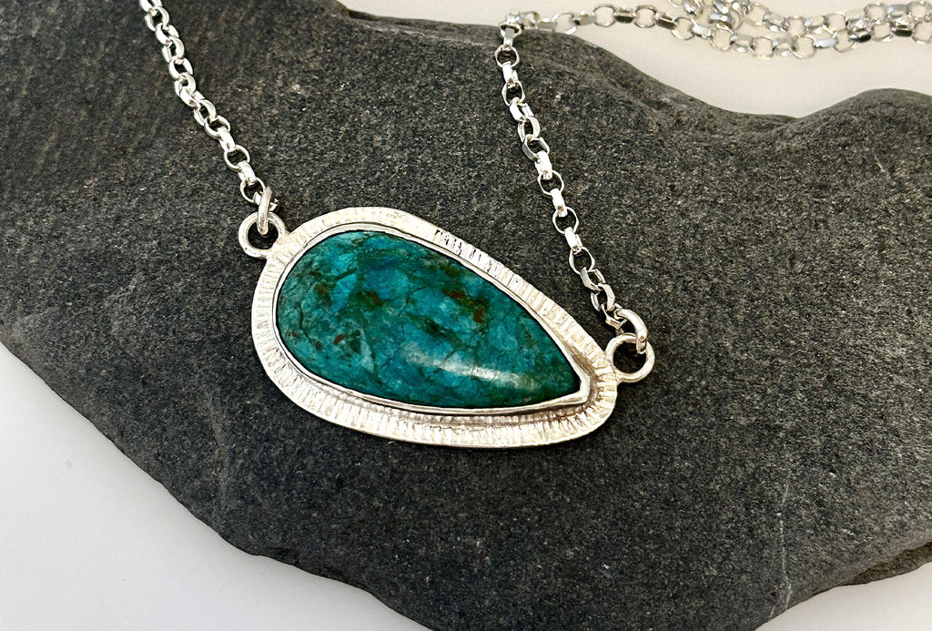 Teardrop Peruvian Opal sterling silver necklace with hand textured radiating border