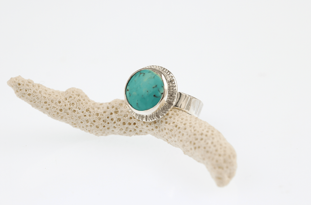 Turquoise Ring with Ripple Textured Band in Sterling Silver - KFDJewellery