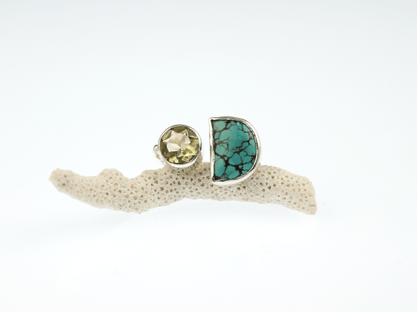 Two - Stone Turquoise and Lemon Quartz C - Shaped Ring - KFDJewellery