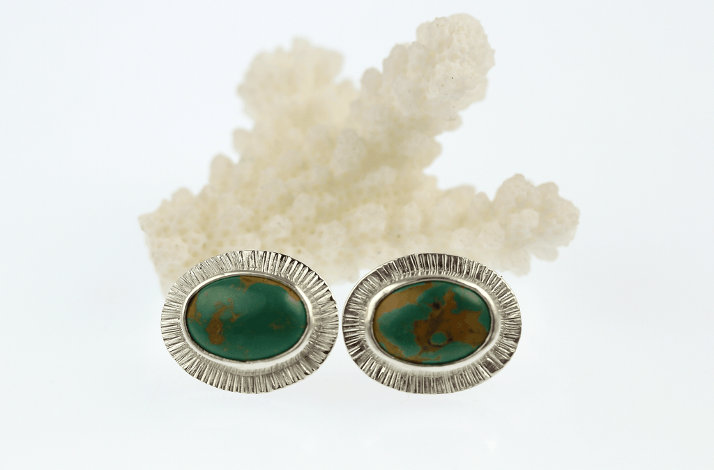 Tyrone Turquoise Oval Radiant Border Stud Earrings, One of a Kind - KFDJewellery