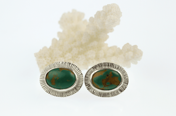 Tyrone Turquoise Oval Radiant Border Stud Earrings, One of a Kind - KFDJewellery