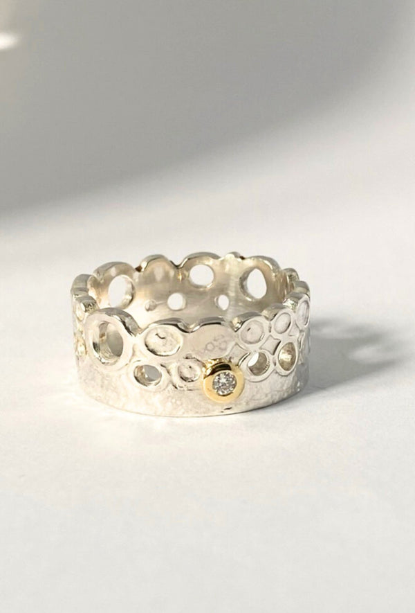 Water's Edge wide band sterling silver, 18ct gold & diamond ring - KFDJewelleryWE02