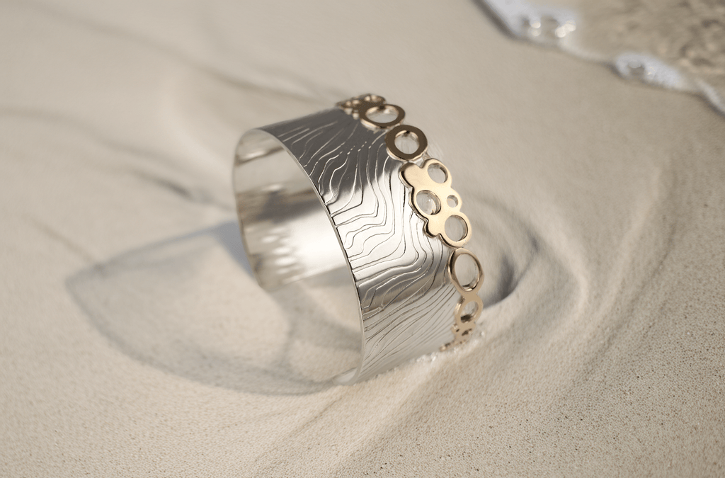 Waters Edge Wide Cuff in Sterling Silver and 9ct Gold One of a kind - KFDJewellery