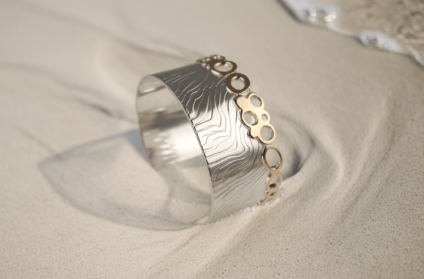 Waters Edge Wide Cuff in Sterling Silver and 9ct Gold One of a kind - KFDJewellery