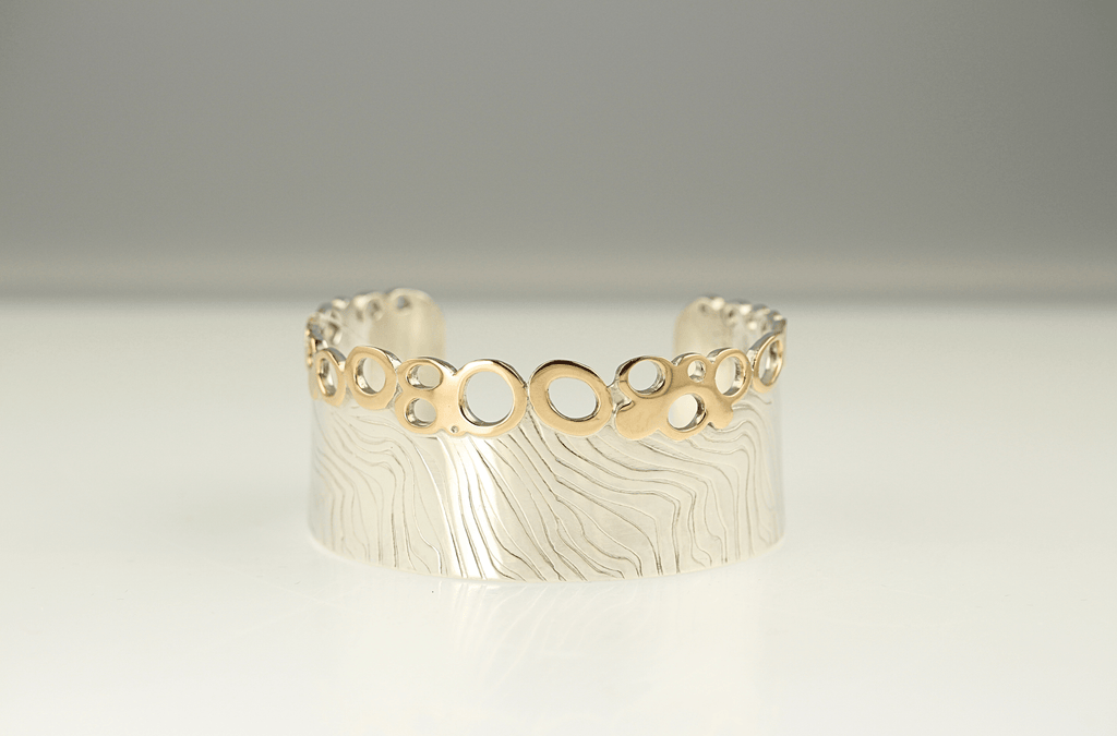 Waters Edge Wide Cuff in Sterling Silver and 9ct Gold One of a kind - KFDJewellery