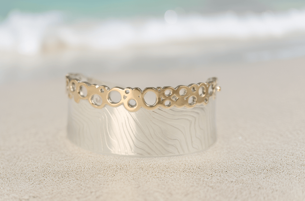 Waters Edge Wide Cuff, Sterling Silver and 9ct Gold - KFDJewellery