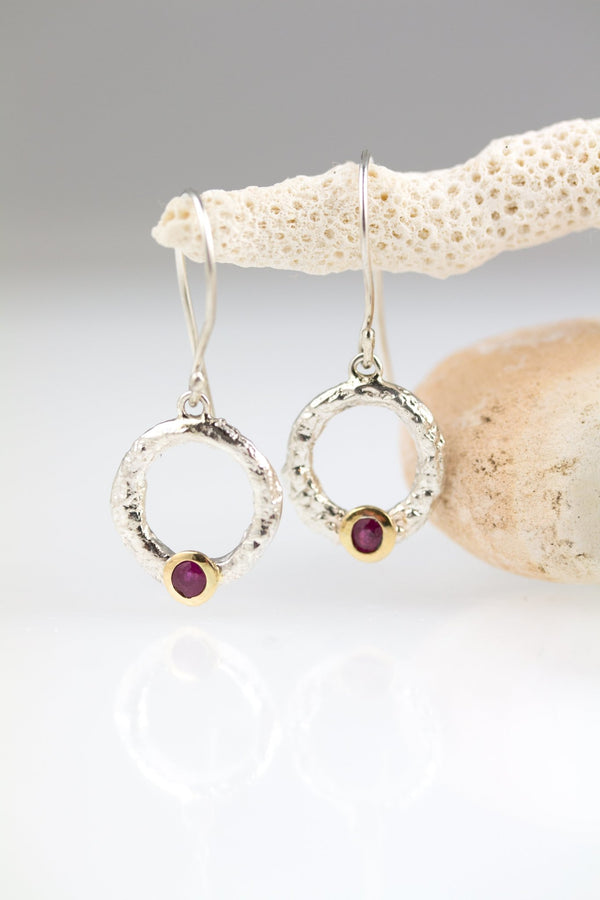 Moon Beam Ruby drop earrings in sterling silver & 18 ct gold - KFDJewelleryMB17