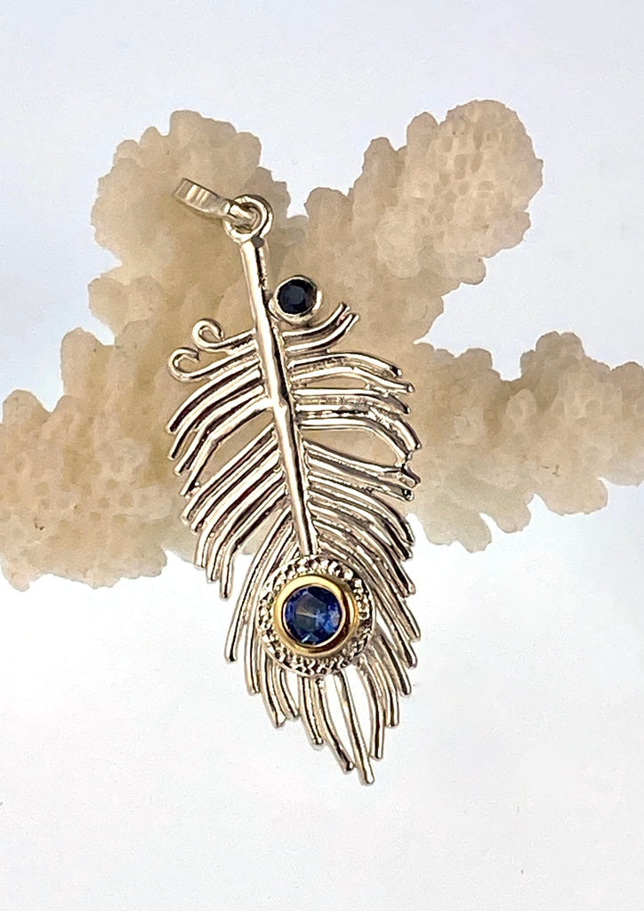 Peacock Feather Pendant in sterling silver & 18ct gold - KFDJewelleryPF04