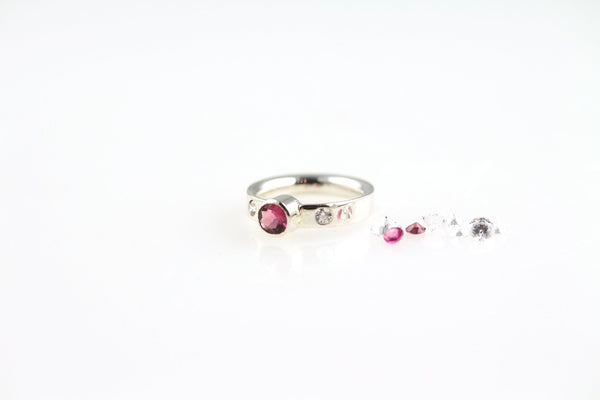 Pink tourmaline and zirconia sterling silver ring - KFDJewelleryCT3