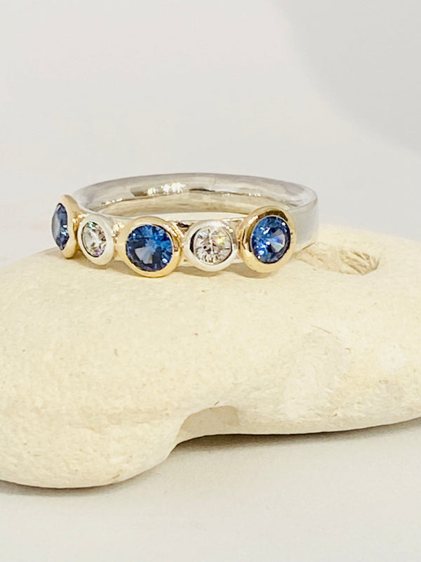 Sapphire and zirconia sterling silver & 18ct gold ring - KFDJewelleryCN12