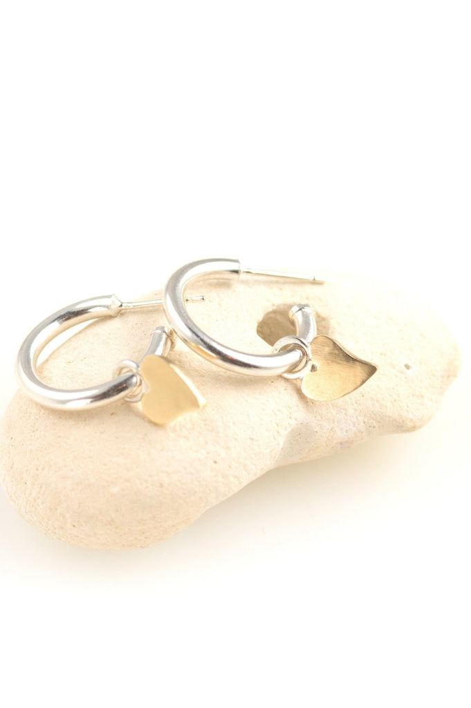 Silver hoops with 9ct gold hearts - KFDJewellery