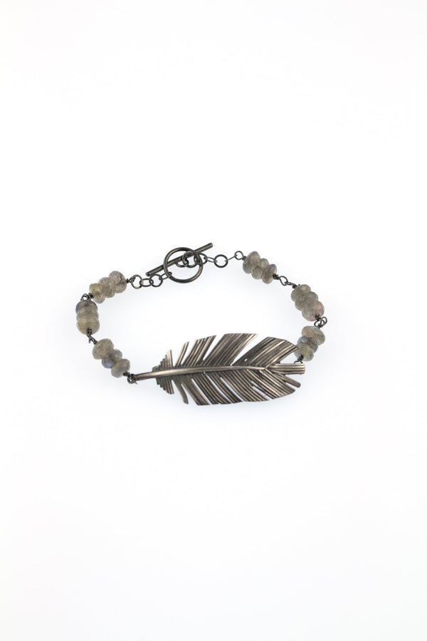 Sterling silver oxidised feather bracelet with labradorite stones - KFDJewelleryF21